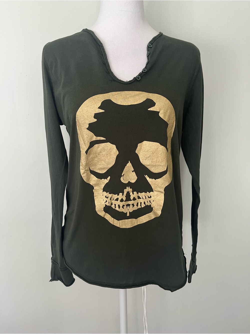 Zadig & Voltaire Olive Green Long Sleeve Tee with Gold Skull Motif